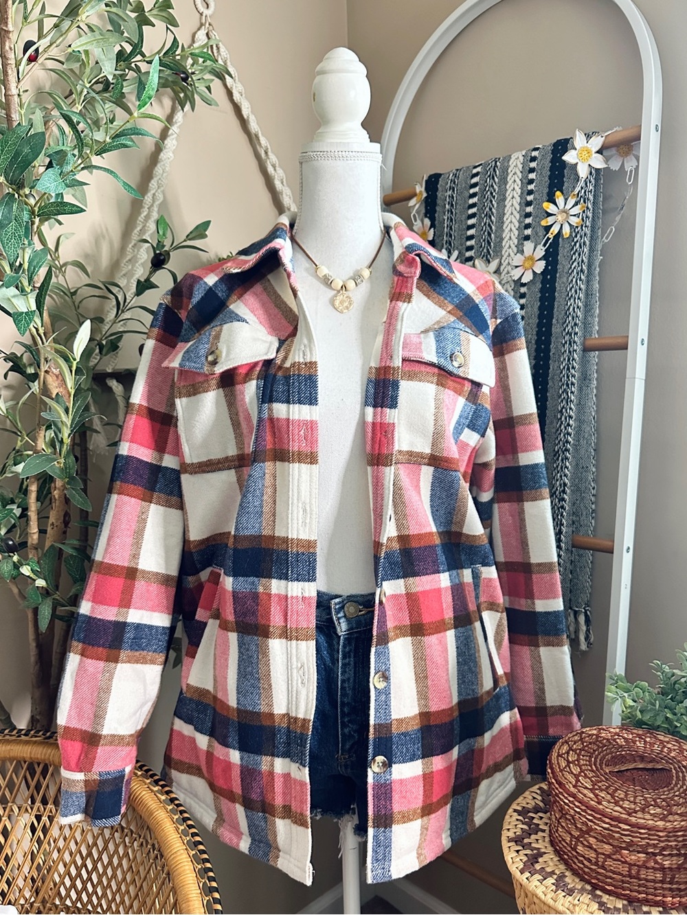 Natural Reflections Plaid Heavyweight Shacket Pink Navy Brown M